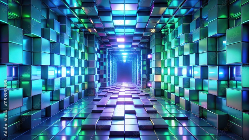 Poster abstract iridescent cube corridor with vibrant lighting and reflective surfaces
