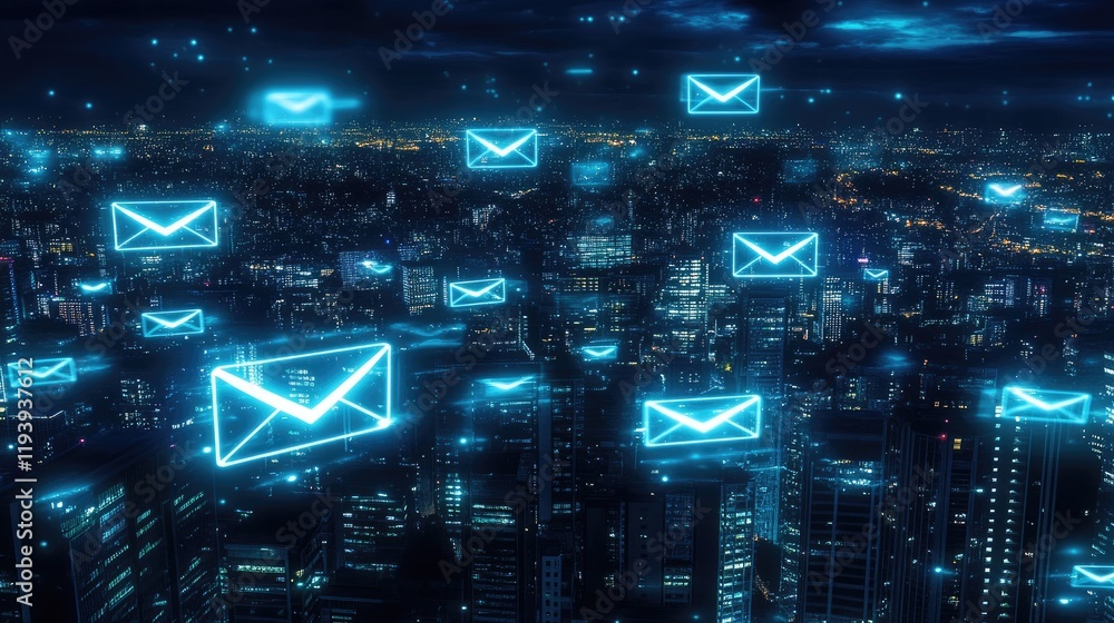 Poster a digital email network with glowing icons over a city at night, showcasing the speed and connectivi