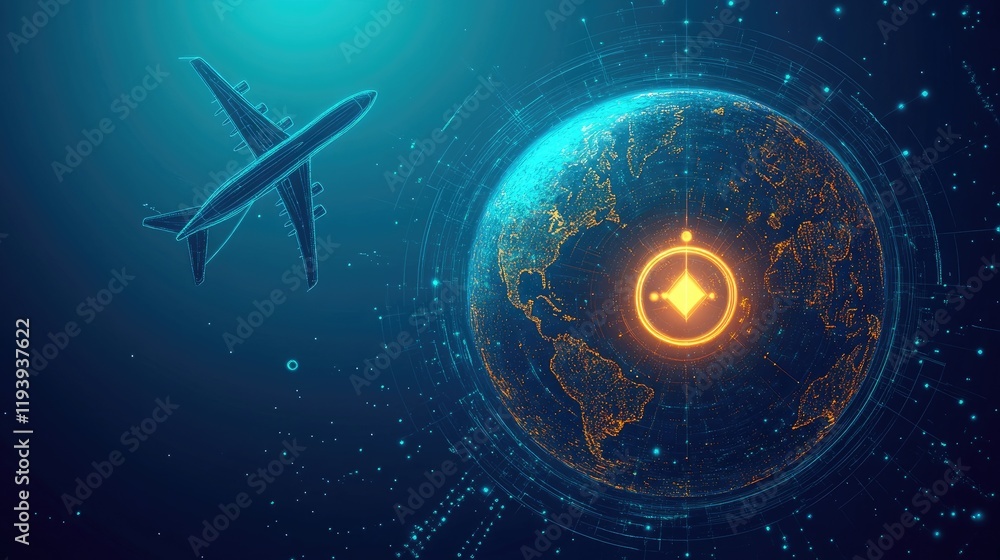 Poster a digital globe with an airplane flying through a glowing geolocation icon, representing modern trav