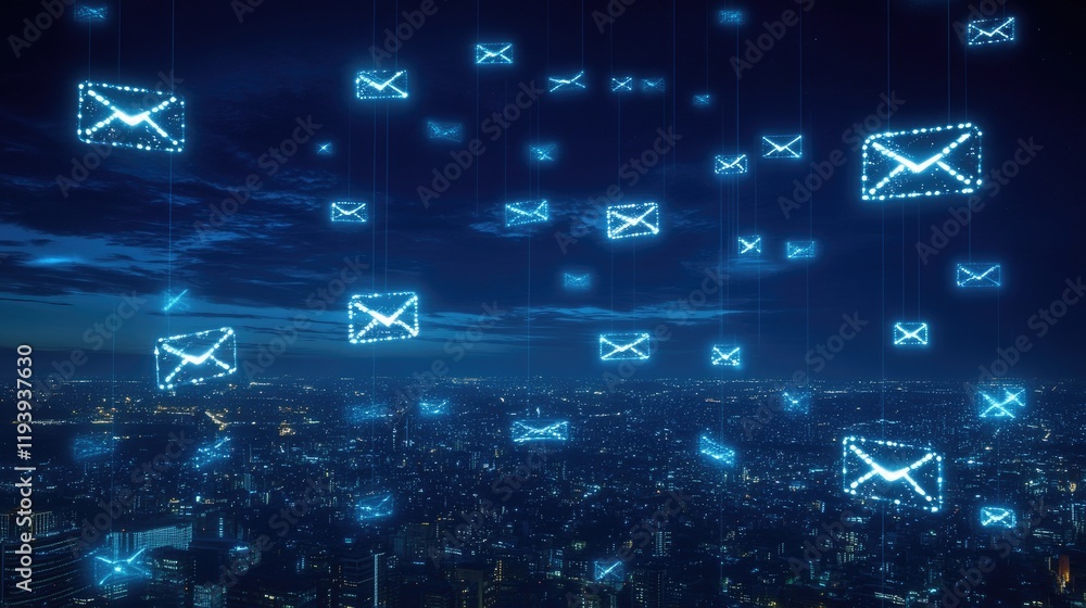 Poster a digital email network with glowing icons over a city at night, showcasing the speed and connectivi