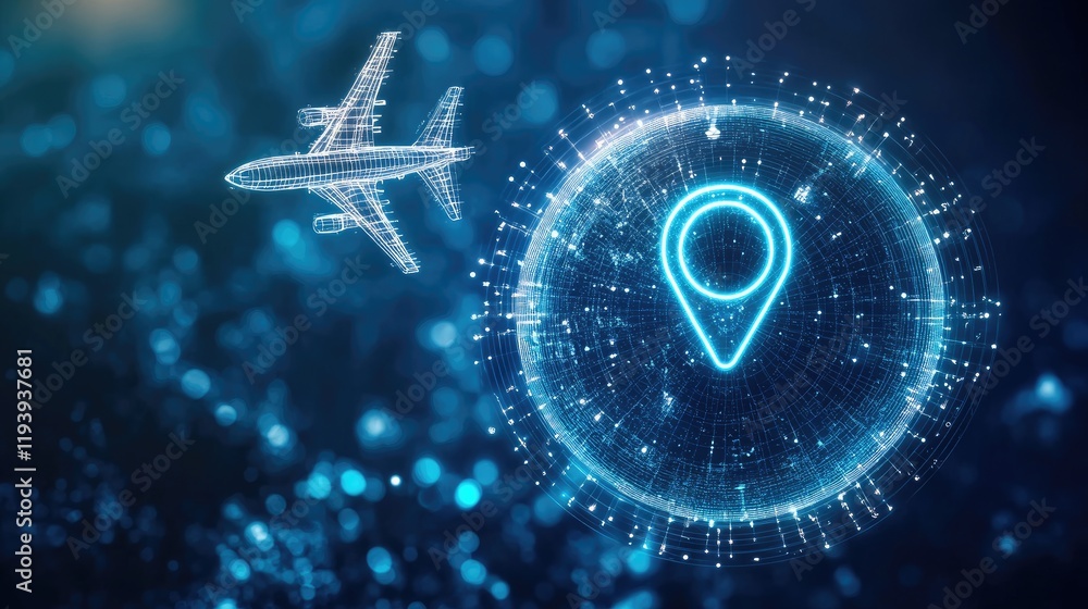 Poster a digital globe with an airplane flying through a glowing geolocation icon, representing modern trav