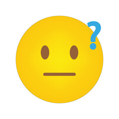 Confused emoji face. Question mark symbol. Yellow circular design. Bold vector expression.