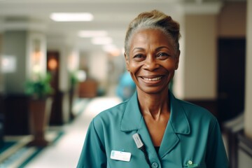 Fototapeta premium Smiling portrait of a middle aged female African American hotel maid