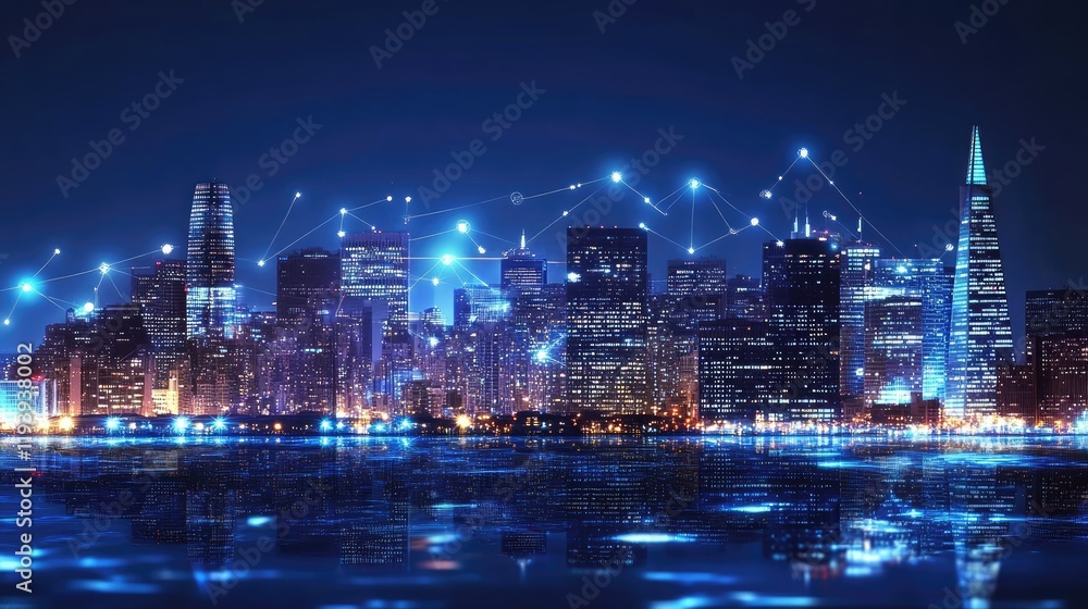 Poster a digital network overlay of glowing connections on the san francisco skyline at night, symbolizing 