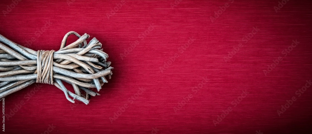 Poster rustic twigs tied bow on red background craft texture design element