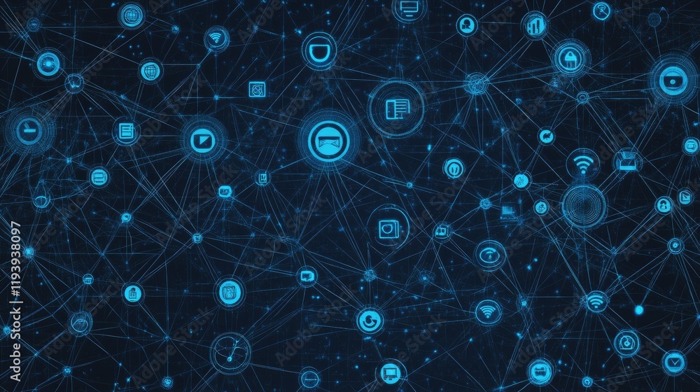 Poster A digital representation of social network technologies with interconnected user icons on a dark blue background, highlighting the web of online connections