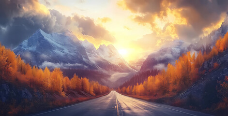 A mountain range with a road in the middle and a sun in the sky