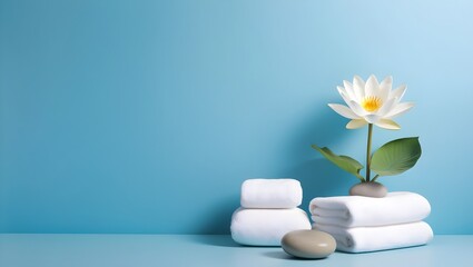 calming blue spa background with lotus flower, smooth stone, and towels for wellness advertisements