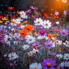 Vibrant Cosmos Flowers Meadow  Sunset Bloom  Colorful Petals  Nature Photography
