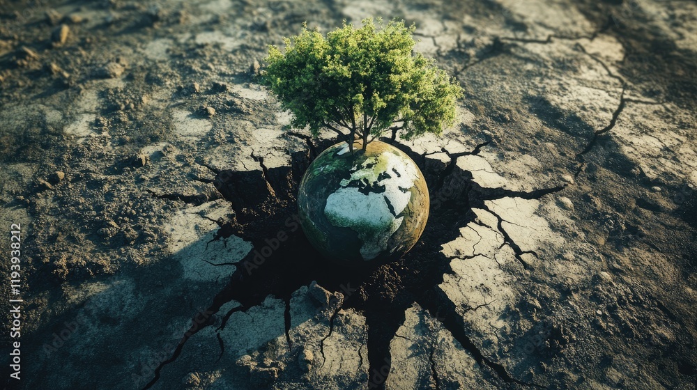Poster a dramatic visual of cracked earth juxtaposed with a flourishing green environment, representing the