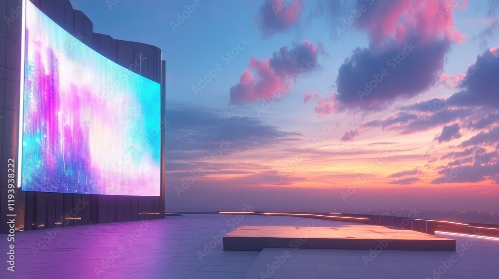 Poster A dynamic 3D rendering of a futuristic cityscape with a large outdoor digital display glowing with neon backlighting, set against the dusk sky