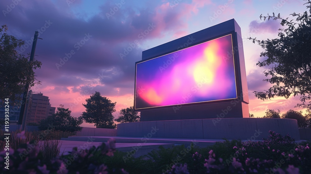 Aufkleber A dynamic 3D rendering of a futuristic cityscape with a large outdoor digital display glowing with neon backlighting, set against the dusk sky