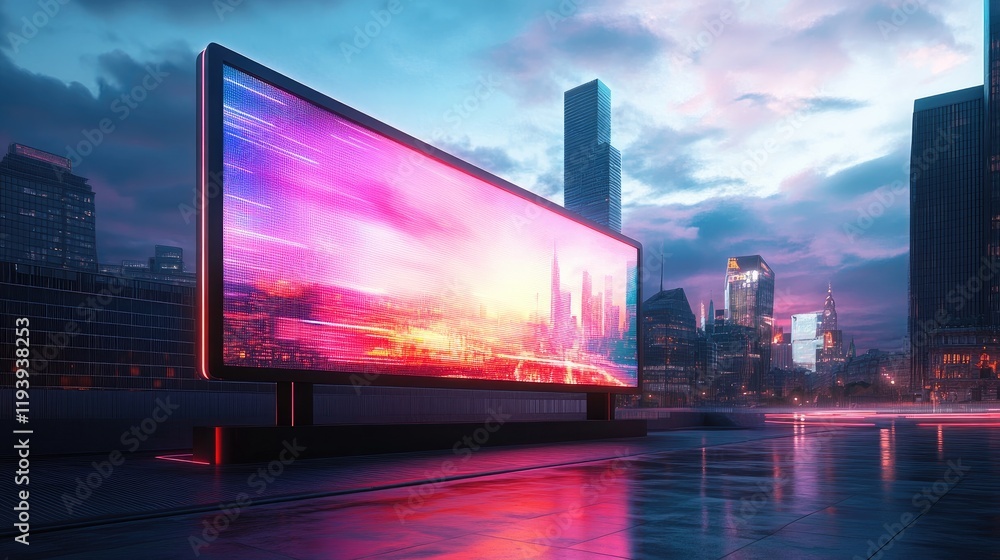 Poster A dynamic 3D rendering of a futuristic cityscape with a large outdoor digital display glowing with neon backlighting, set against the dusk sky