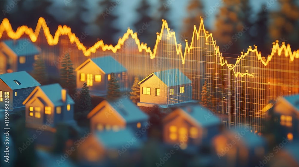 Poster A dynamic upward trend graph showing property value increase, with small houses in the foreground, reflecting the rising real estate market.