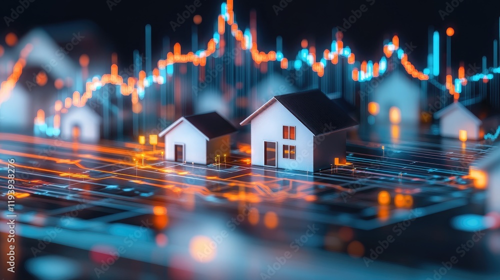 Poster A dynamic upward trend graph showing property value increase, with small houses in the foreground, reflecting the rising real estate market.