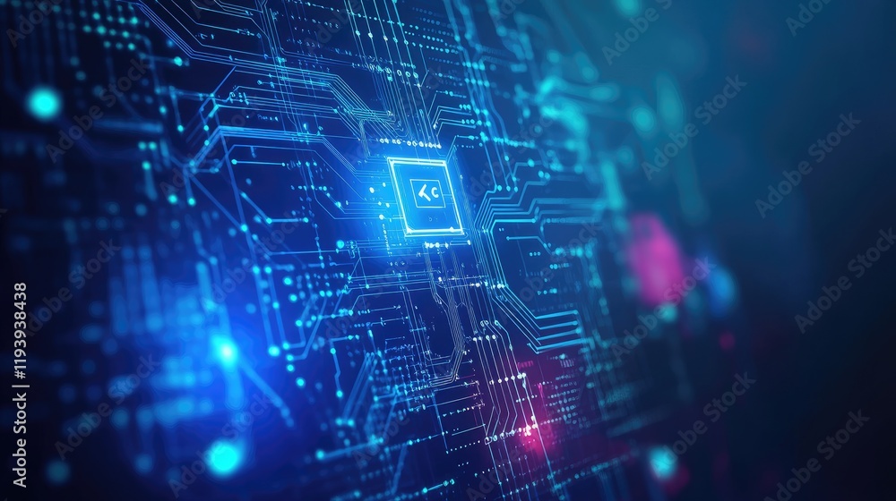 Poster A futuristic 5G connection symbol with circuit designs on a blue gradient background, representing modern technology and wireless data transmission