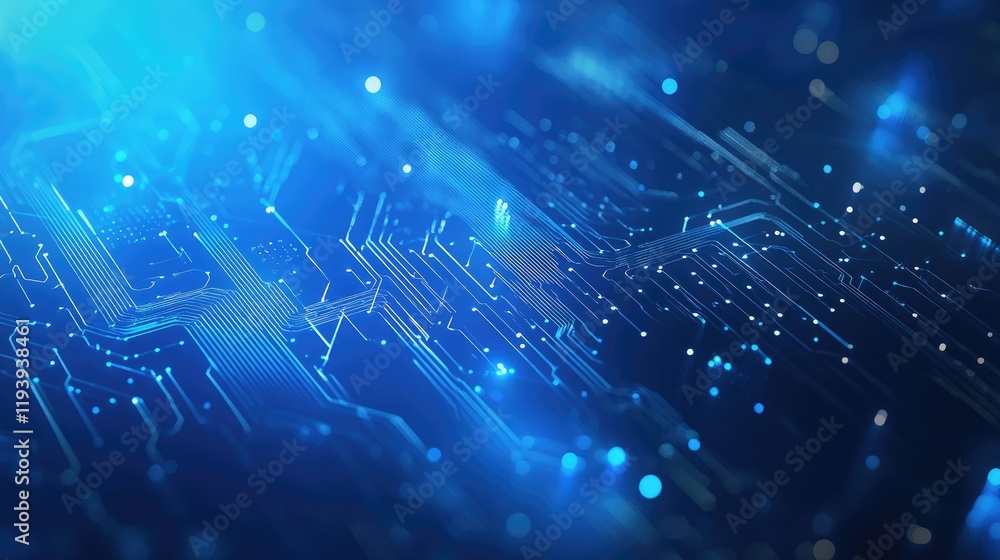 Poster A futuristic 5G connection symbol with circuit designs on a blue gradient background, representing modern technology and wireless data transmission