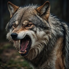 Fototapeta premium An angry wolf with bristling fur and bared fangs.