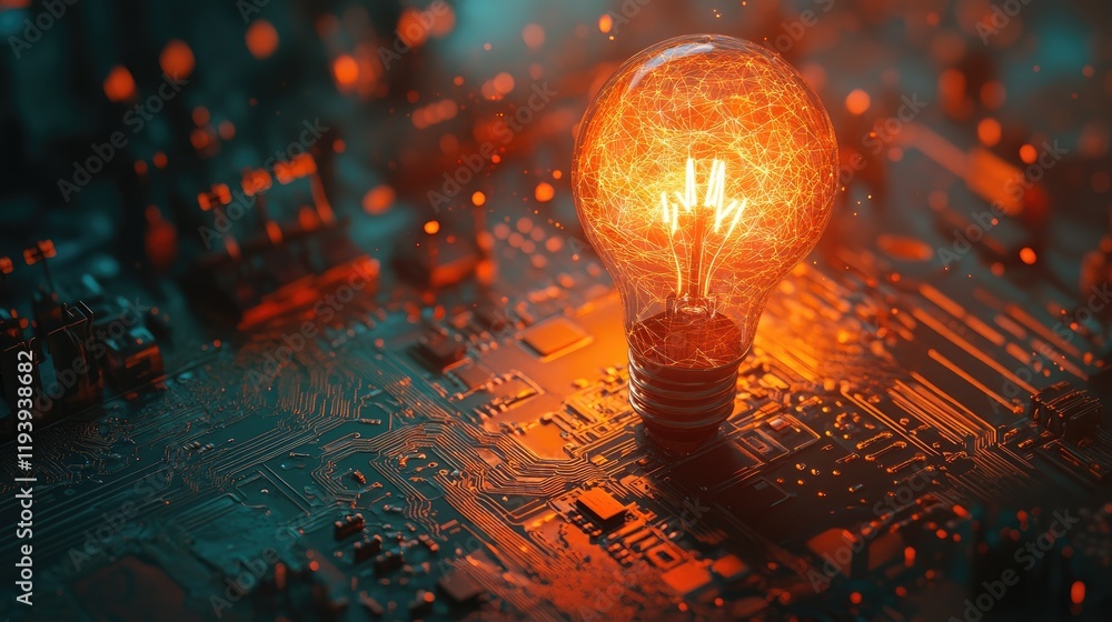 Poster A futuristic image of a lightbulb glowing on a circuit board, representing new ideas, innovation, and technological progress.