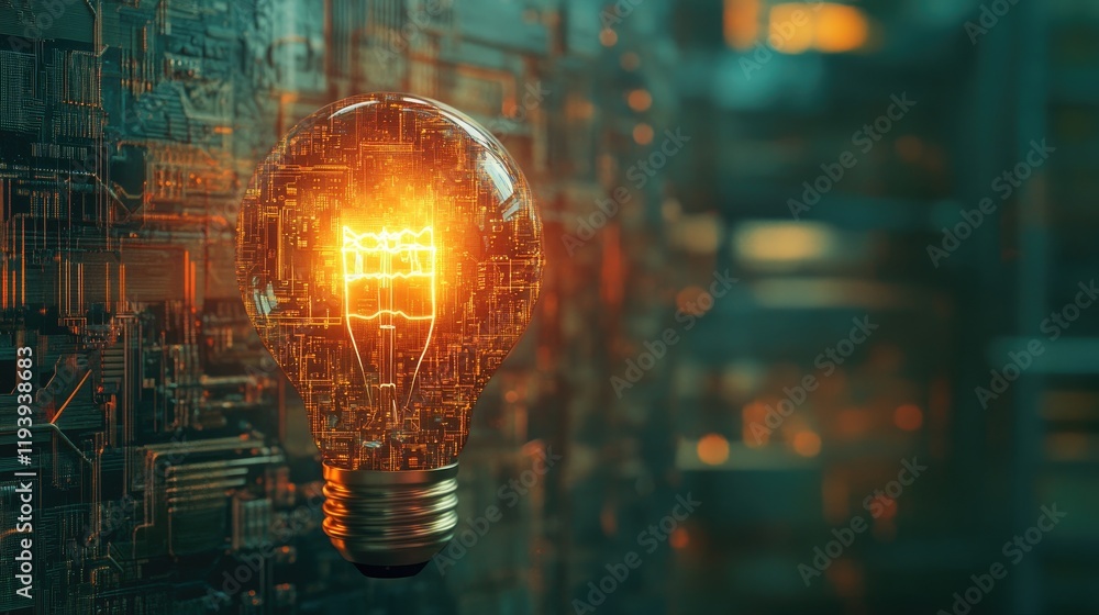 Poster a futuristic image of a lightbulb glowing on a circuit board, representing new ideas, innovation, an