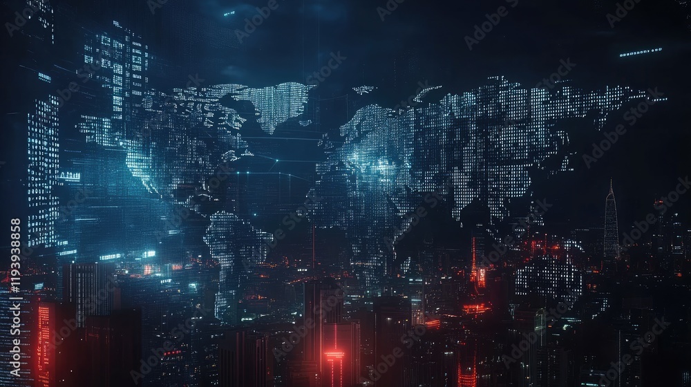 Poster A futuristic world map with binary code and digital data overlays on a city skyline at night, highlighting technology and connectivity in the urban landscape