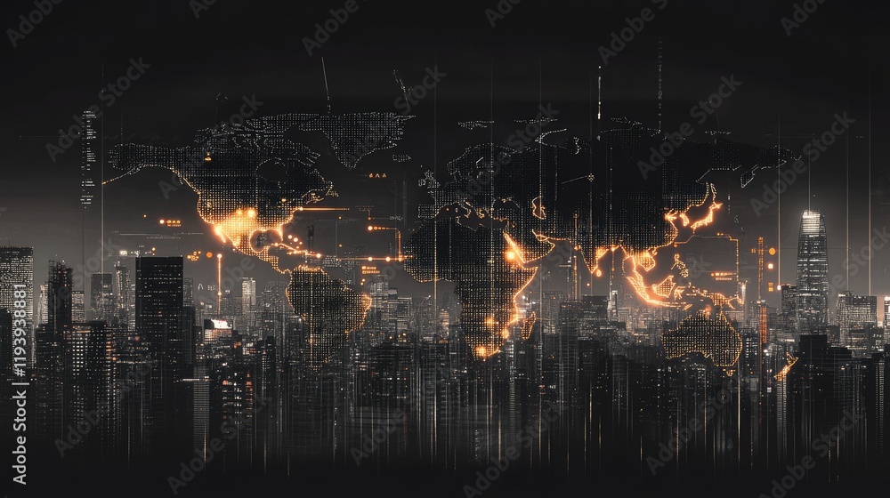 Aufkleber A futuristic world map with binary code and digital data overlays on a city skyline at night, highlighting technology and connectivity in the urban landscape