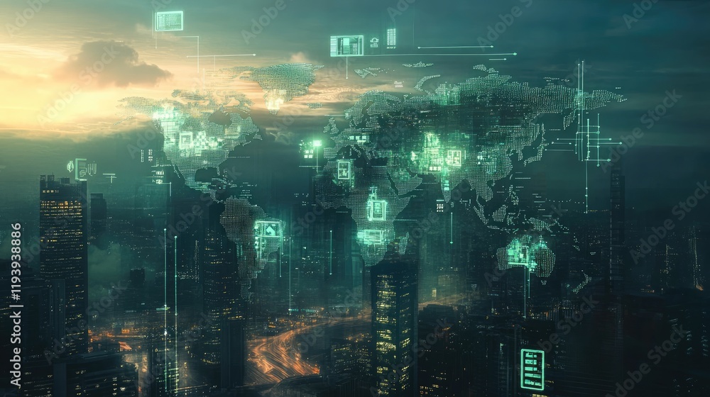 Poster a futuristic world map with currency symbols overlayed on a city skyline, representing the interconn