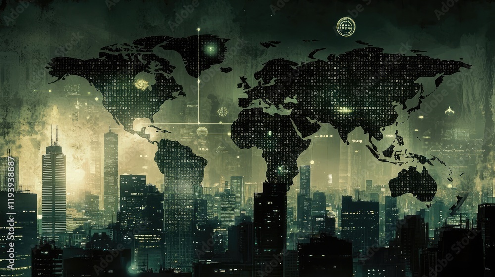 Poster A futuristic world map with binary code and digital data overlays on a city skyline at night, highlighting technology and connectivity in the urban landscape