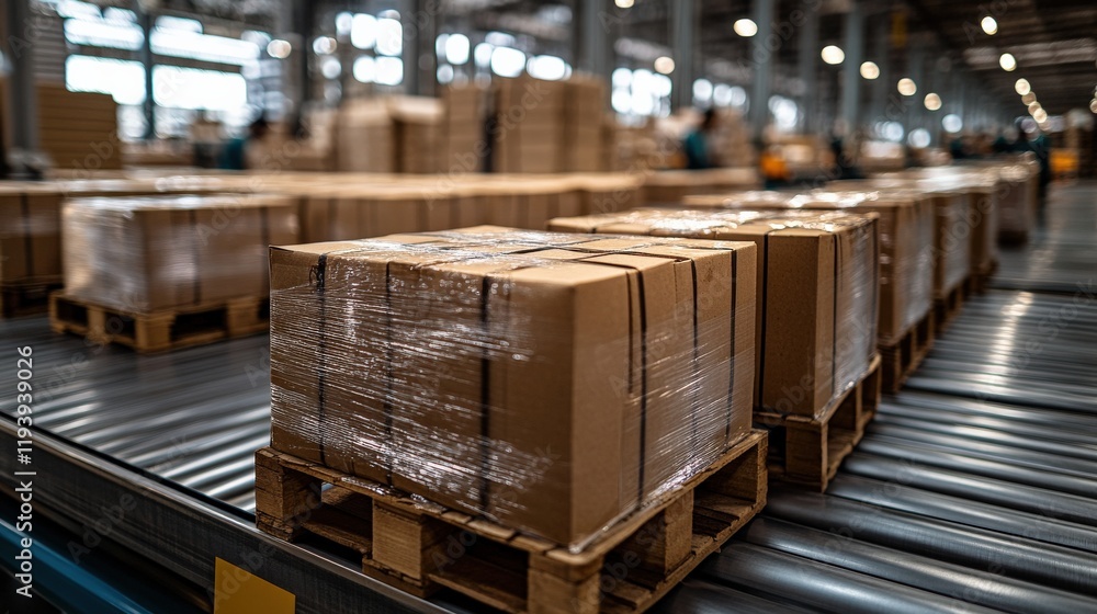 Aufkleber packed cardboard boxes on pallets moving through a conveyor system in a modern warehouse environment