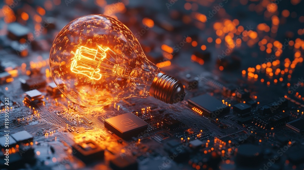Poster a glowing lightbulb placed on a circuit board, illustrating innovation, creativity, and the integrat