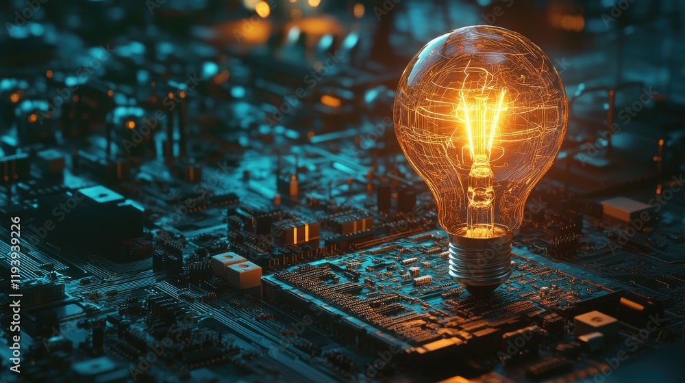 Poster a glowing lightbulb placed on a circuit board, illustrating innovation, creativity, and the integrat
