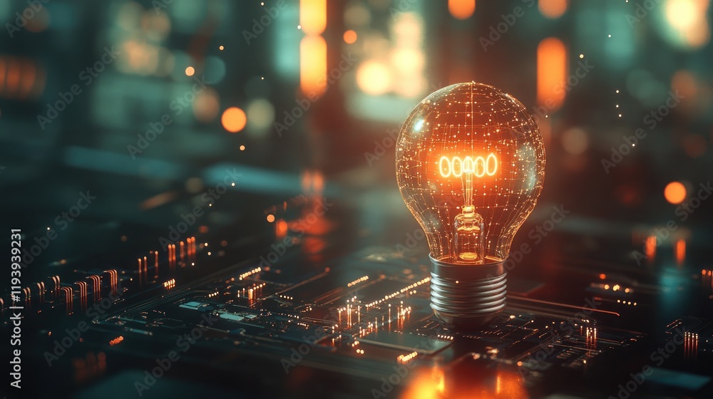 Poster a glowing lightbulb placed on a circuit board, illustrating innovation, creativity, and the integrat