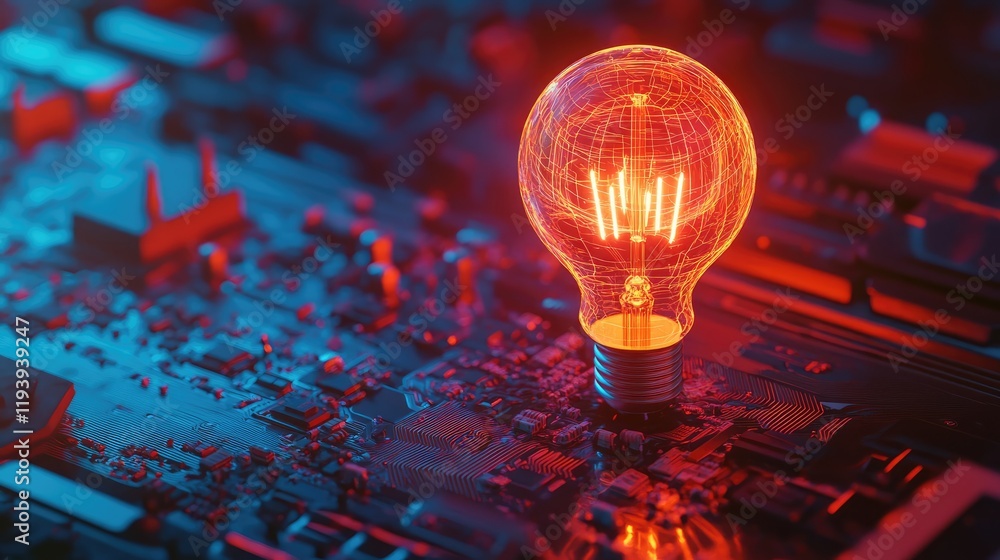 Poster A glowing lightbulb placed on a circuit board, illustrating innovation, creativity, and the integration of technology in a generative AI style.