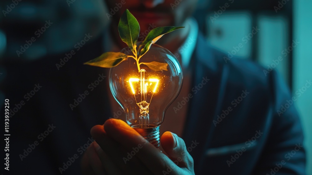 Aufkleber a glowing lightbulb with a plant sprouting from it, representing energy-efficient solutions and envi