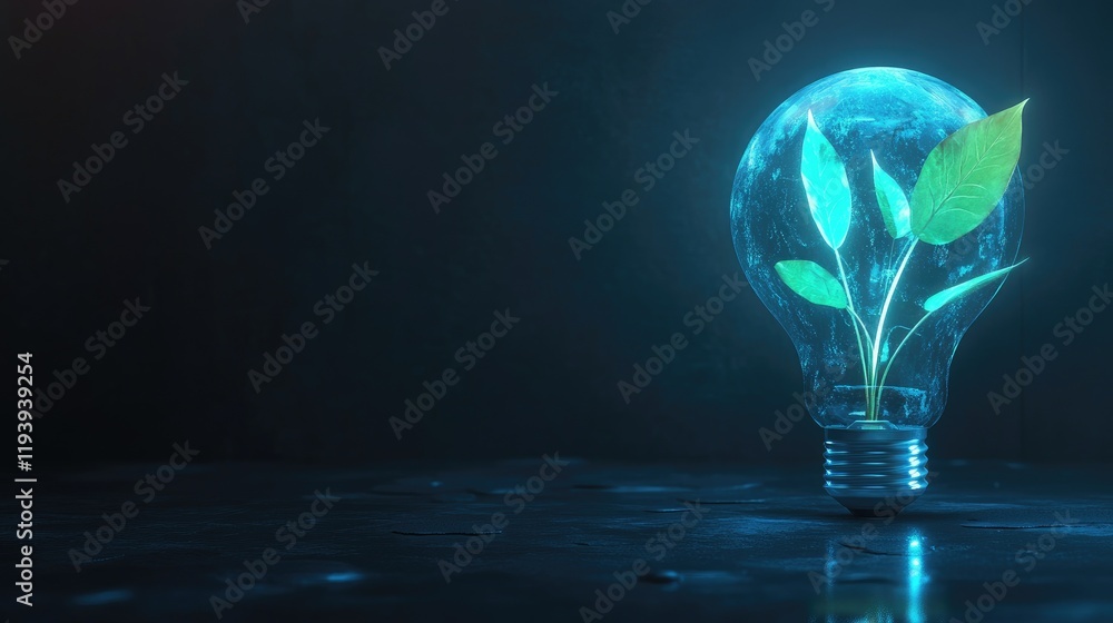 Poster A glowing lightbulb with a plant sprouting from it, representing energy-efficient solutions and environmental protection on Earth Day.