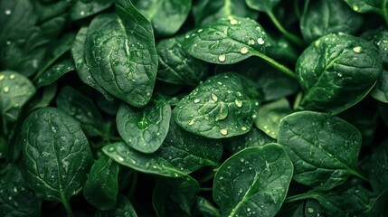 Fototapeta premium Background from fresh green spinach leaves with water drops. Texture of raw organic baby spinach close up. Food background