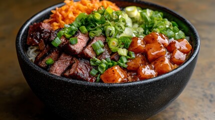 Fototapeta premium Delicious Asian Beef Bowl with Rice Noodles, Carrots, and Teriyaki Sauce