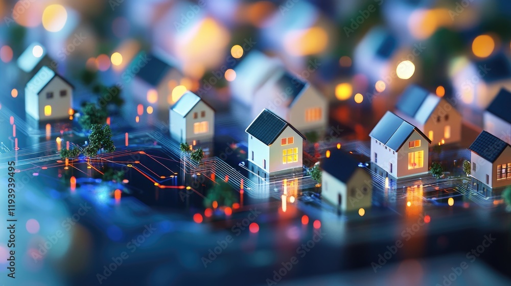 Poster a graph showing an upward trend in the real estate market with small houses, bar graph, and increasi