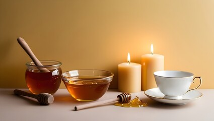 light golden backdrop featuring spa decor with honey, tea cups and glowing candles