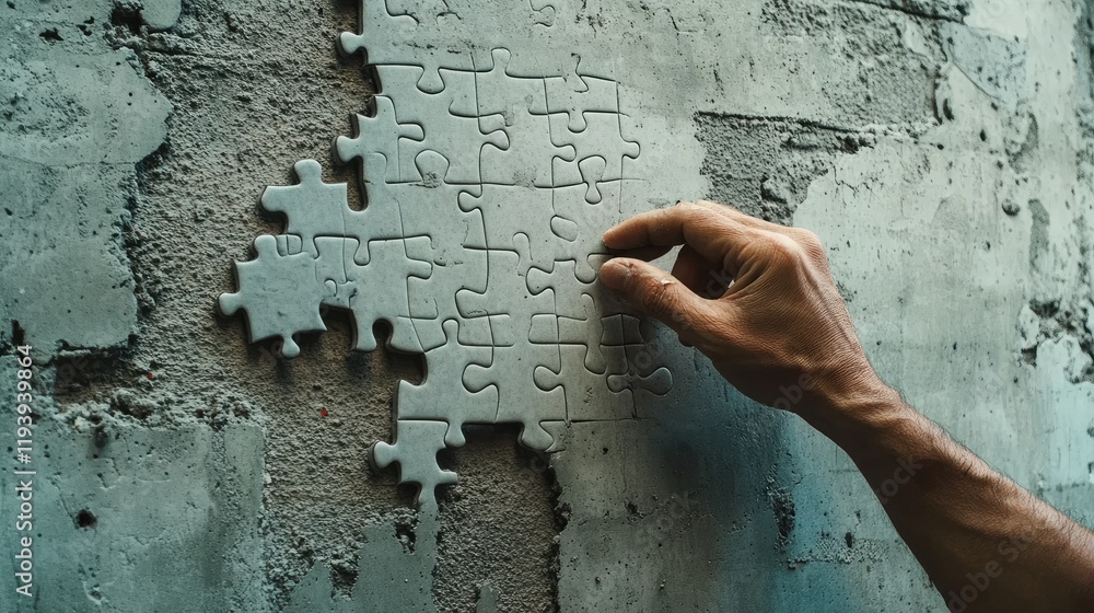 Aufkleber a hand assembling a puzzle on a concrete wall, emphasizing success and the completion of business ch