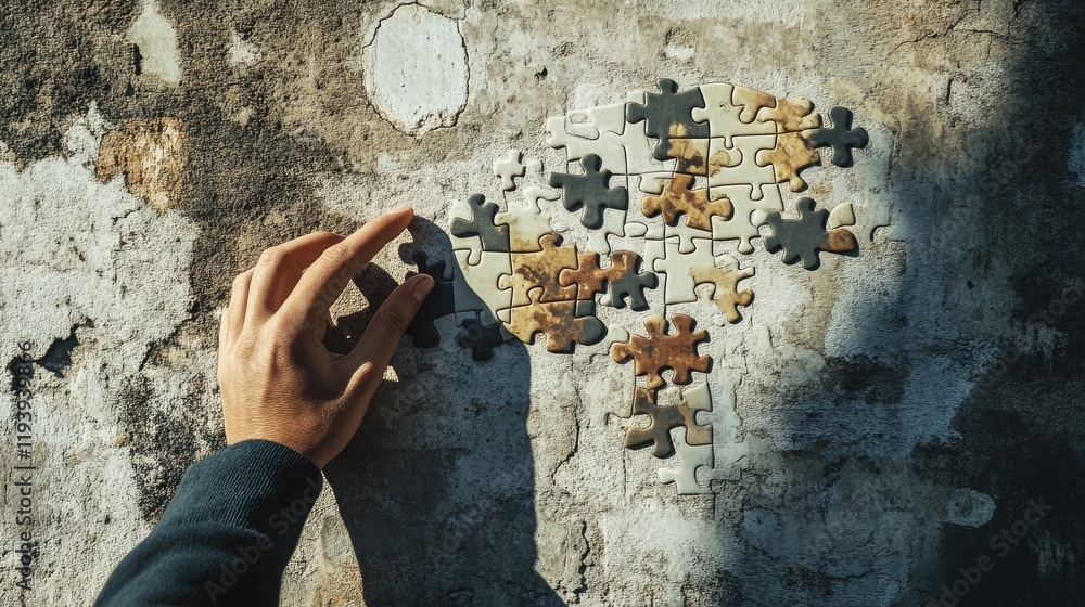 Poster a hand assembling a puzzle on a concrete wall, emphasizing success and the completion of business ch