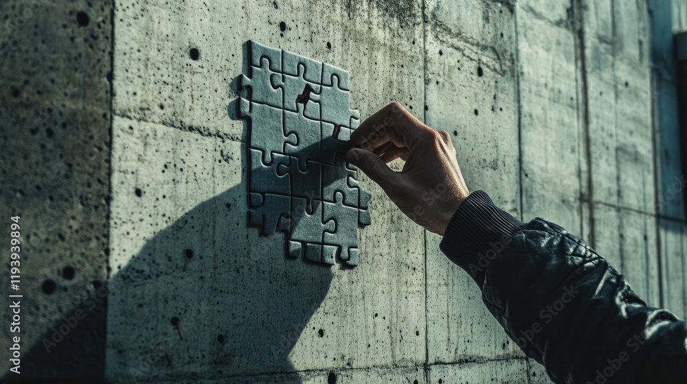 Poster a hand assembling a puzzle on a concrete wall, emphasizing success and the completion of business ch