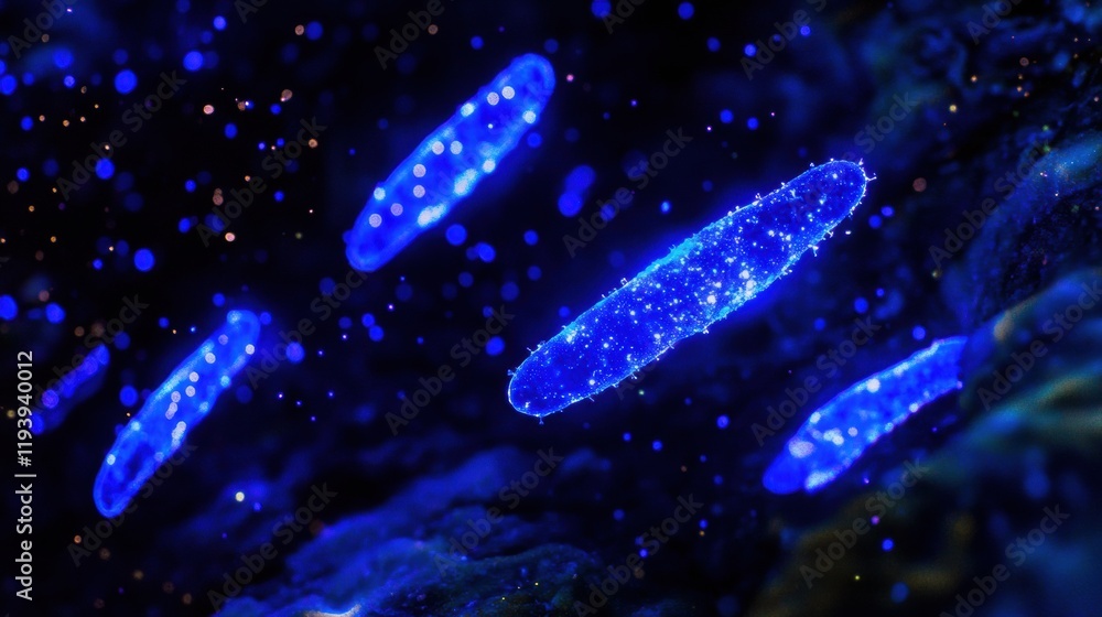 Poster illuminated glowing bacteria showcasing bioluminescence under ultraviolet light in a dark environmen