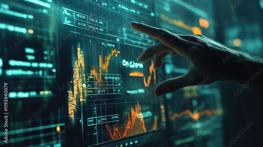 Poster a hand scrolling through stock market data and financial graphs on a digital screen, with futuristic