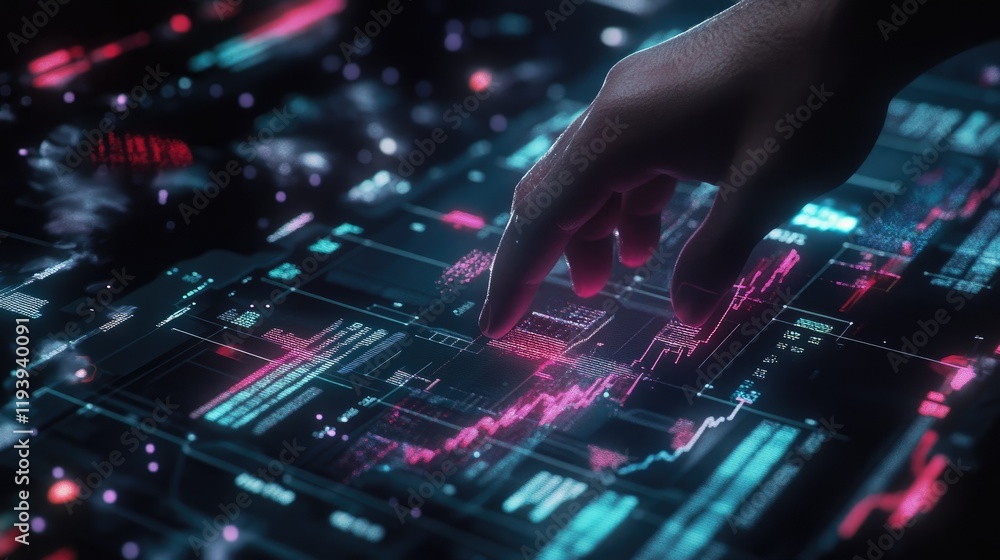 Poster a hand scrolling through stock market data and financial graphs on a digital screen, with futuristic