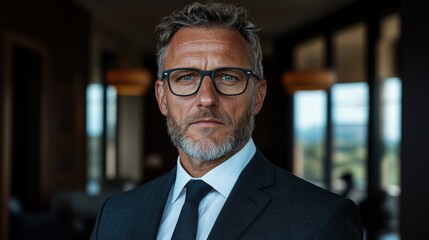 Portrait of a confident businessman in a suit and glasses