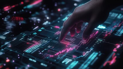 A hand scrolling through stock market data and financial graphs on a digital screen, with futuristic technology overlaying the financial figures