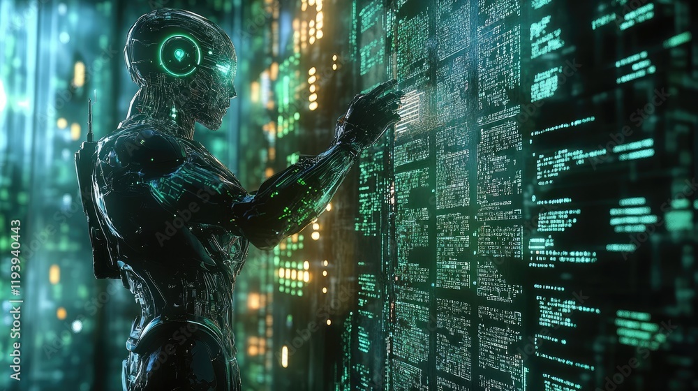 Poster a humanoid robot interacting with glowing ai text, surrounded by futuristic circuits, symbolizing ar