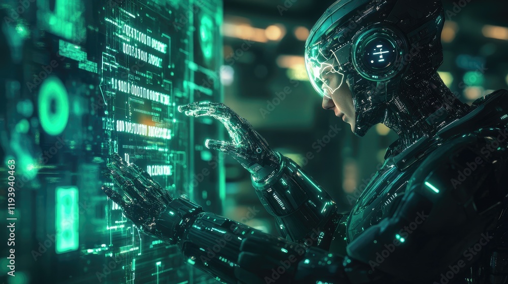 Poster a humanoid robot interacting with glowing ai text, surrounded by futuristic circuits, symbolizing ar