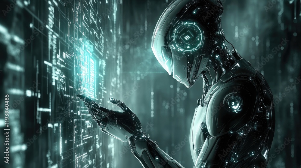 Poster a humanoid robot interacting with glowing ai text, surrounded by futuristic circuits, symbolizing ar